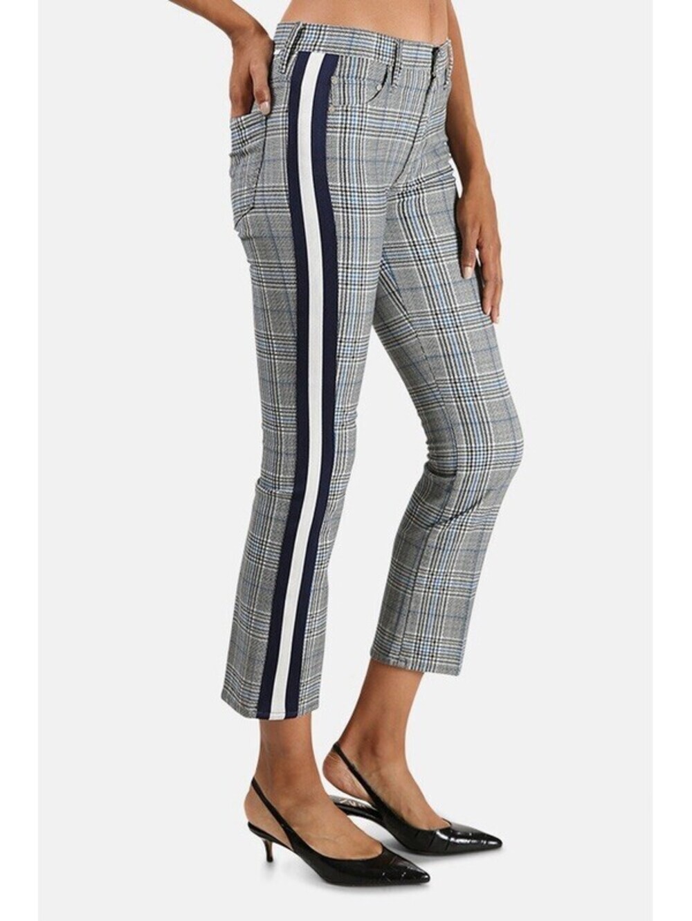 MOTHER The Insider Ankle Plaid Racing Stripe Pants Grey Blue Size 27